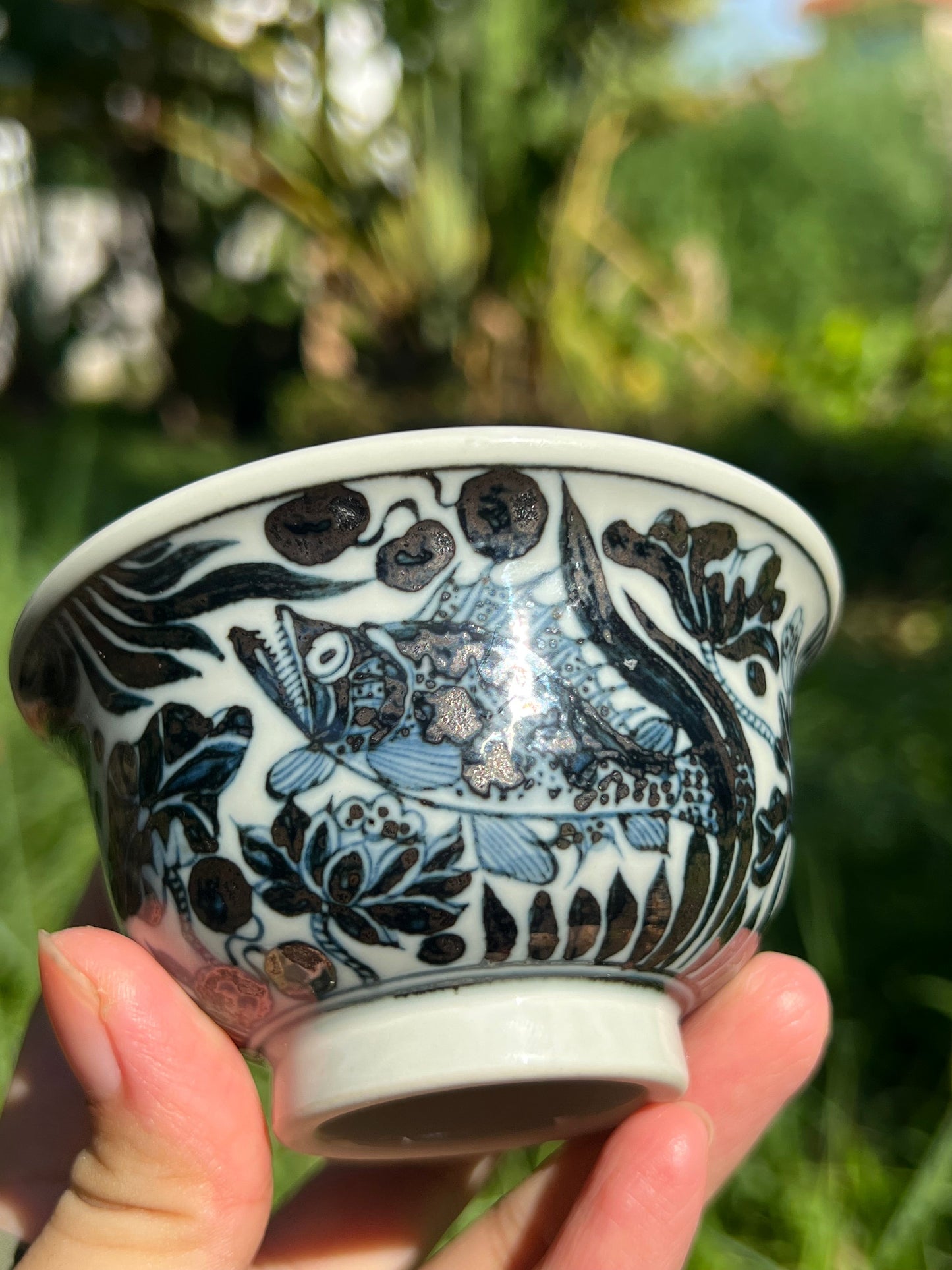 Hand Painted Chinese Antique Yuan Dynasty Blue and White Porcelain Fish and Algae Pattern Gaiwan Set Jingdezhen Master Ceramic Artwork