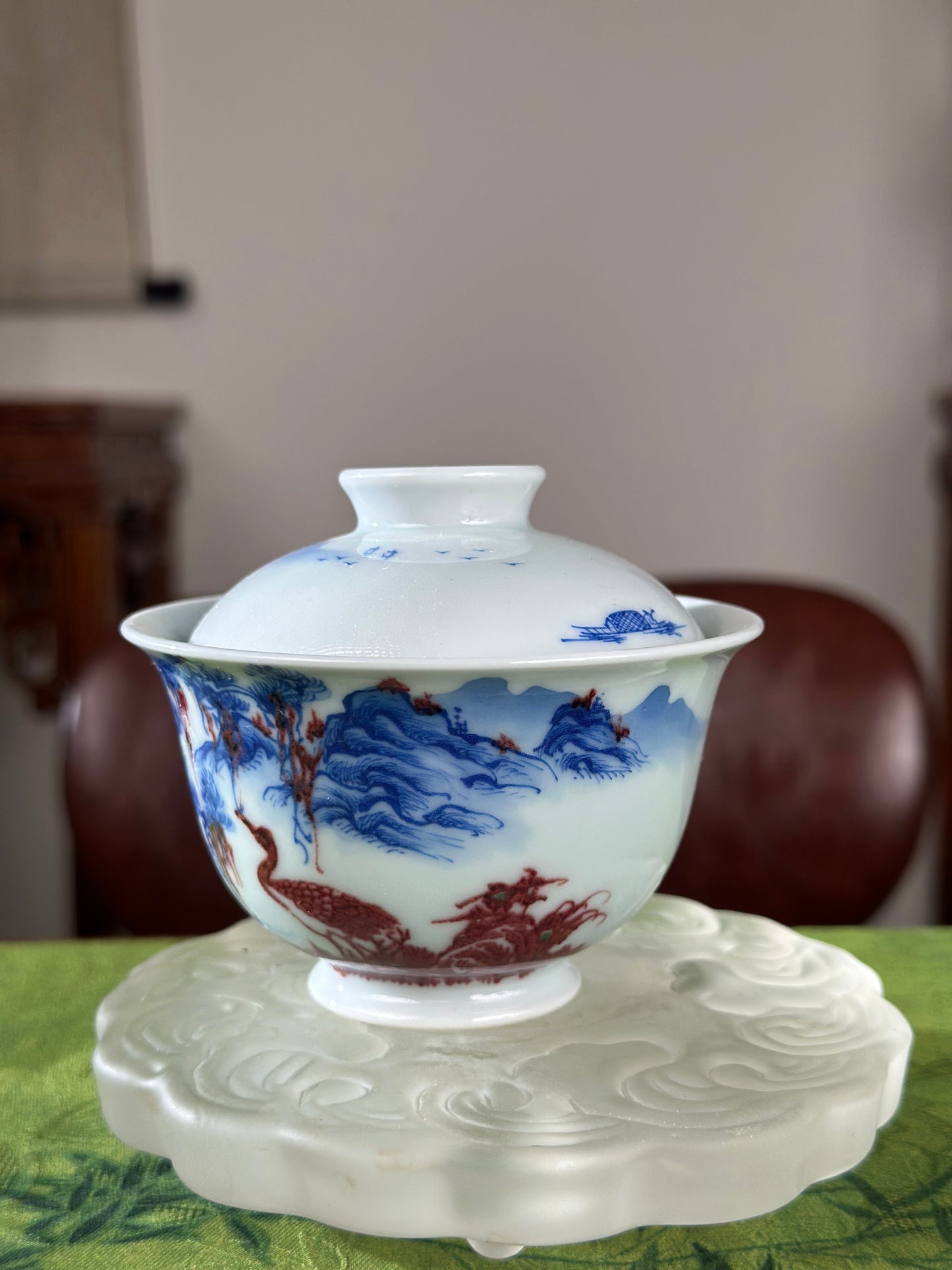 Hand Painted Chinese Landscape Blue and White Porcelain Underglaze Red Porecelain Teacup Jingdezhen Master Ceramic Artwork