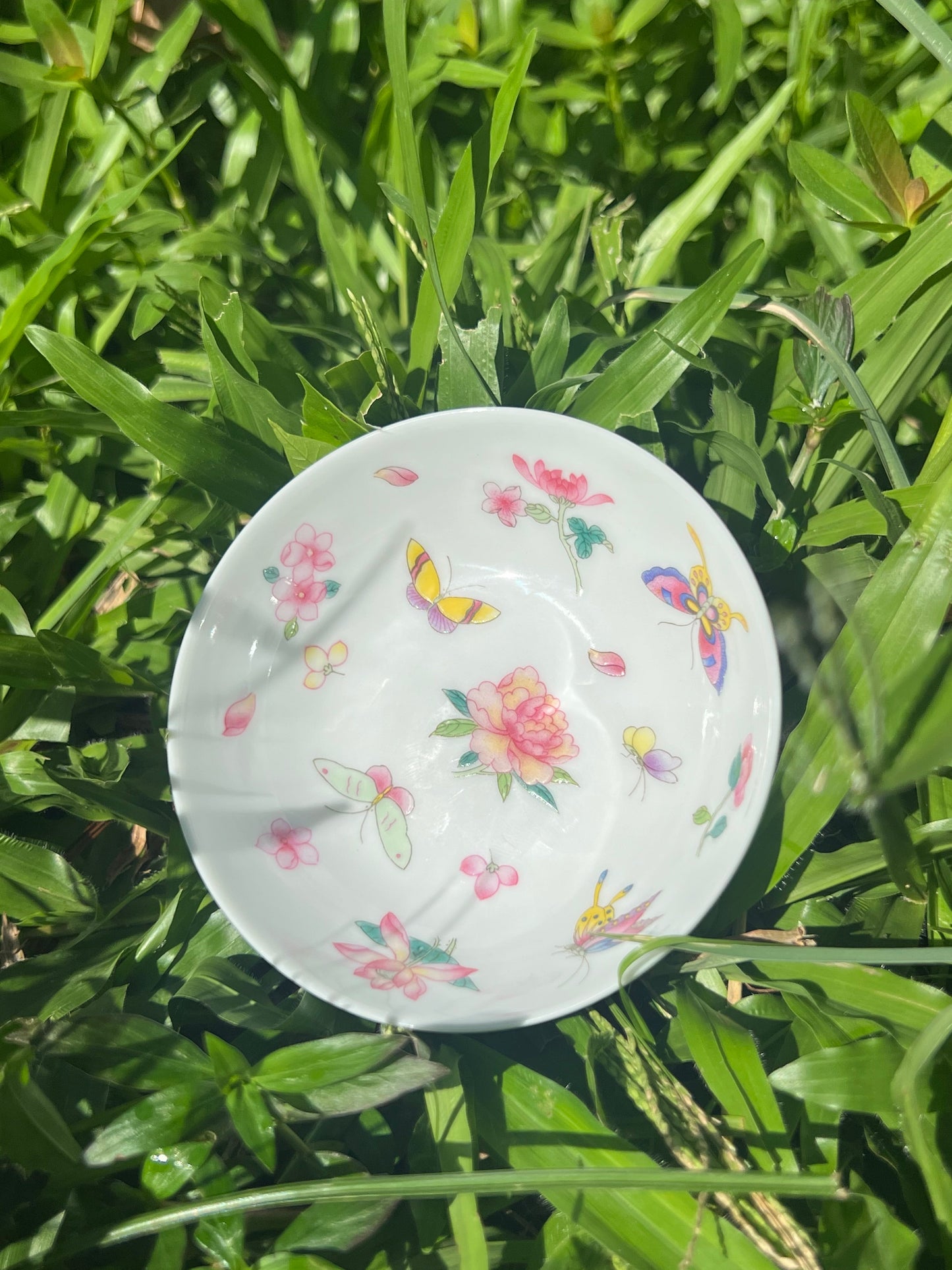 Handpainted Chinese Flowers Butterfly Enamel Teacup Jingdezhen Master Ceramic Artwork Green Base