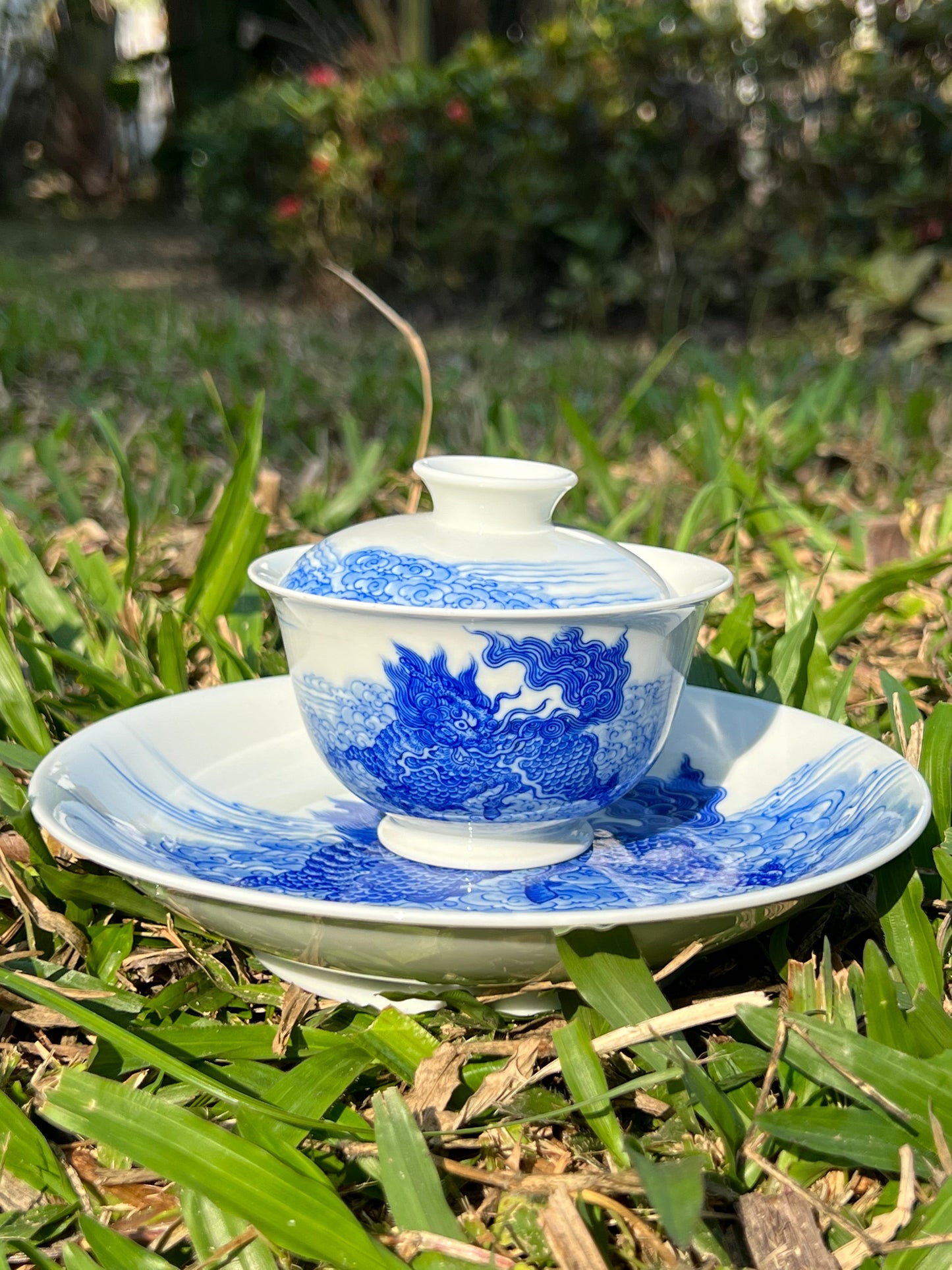 Hand Painted Chinese Qilin Gaiwan Blue And White Porcelain Pot Maker Jingdezhen Master Ceramic Artwork