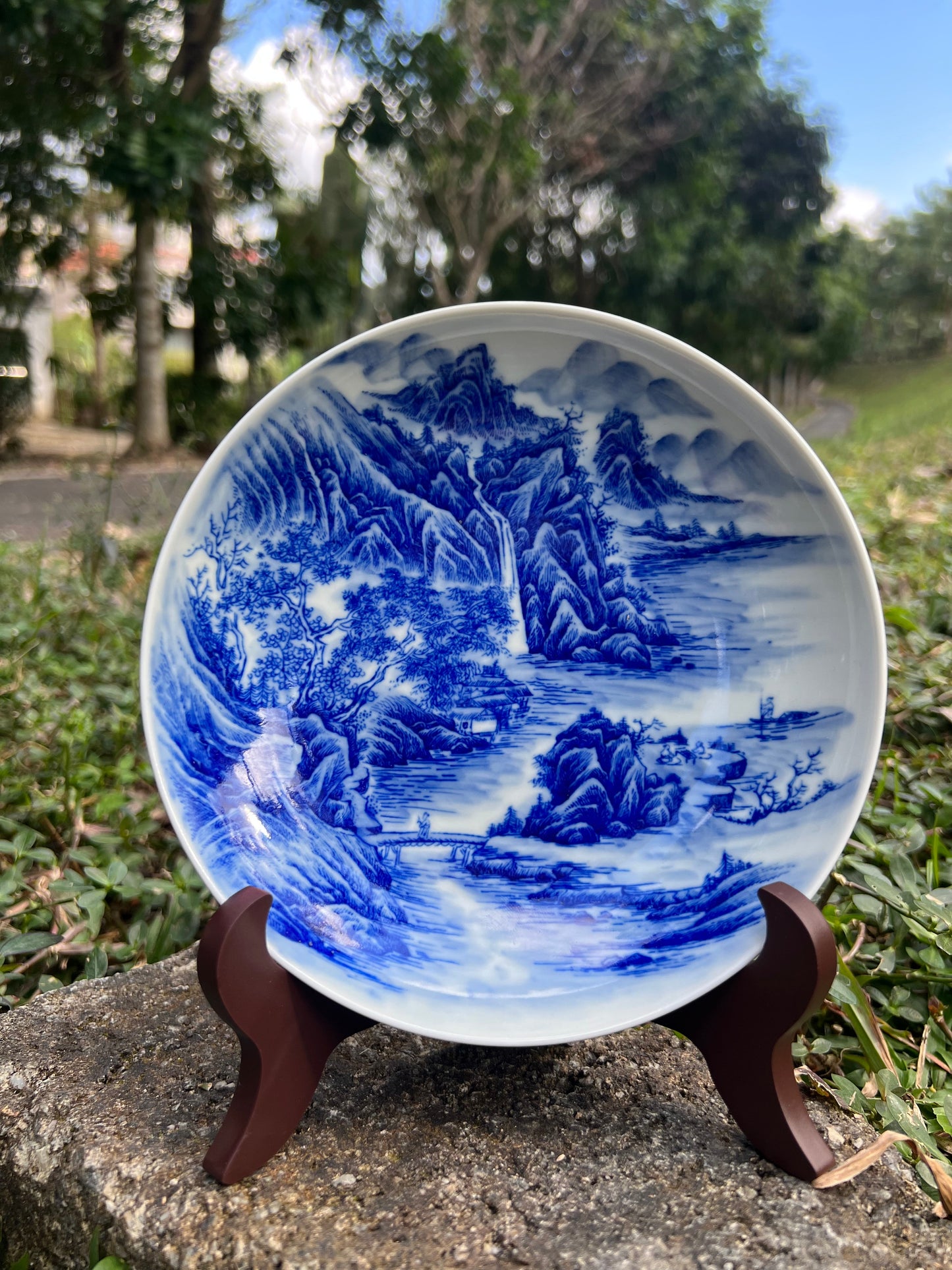 Chinese Handpainted Chinese Landscape Blue and White Porcelain Tea tray Jingdezhen Tea Boat Master Pottery Artwork