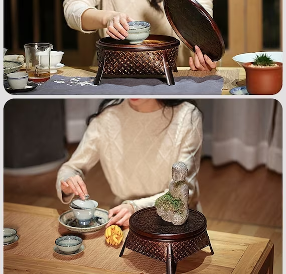 This is a bamboo weaving storage tea table