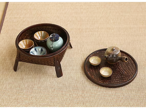 This is a bamboo weaving storage tea table