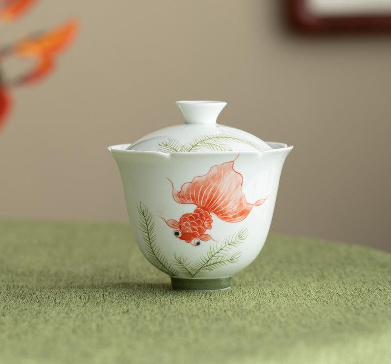 Handmade Chinese Gaiwan Handpainted Red Koi Pattern Teaware Teapot Master Pottery Japanese Ceramic