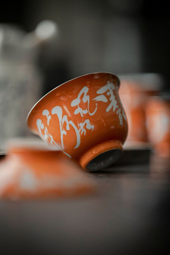 Chinese Orange Fine Pottery Handpainted Chinese Caligraphy Gaiwan Poem Pot Tea Maker Teapot Ceramic kung fu Tea Ceremony