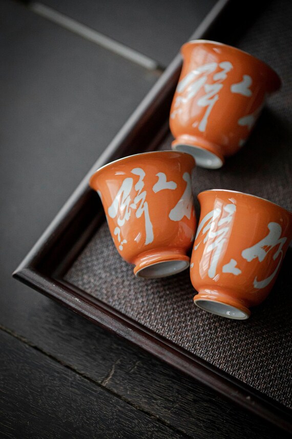 Chinese Orange Fine Pottery Handpainted Chinese Caligraphy Gaiwan Poem Pot Tea Maker Teapot Ceramic kung fu Tea Ceremony