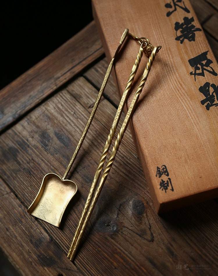 Handmade Copper Gongfu Stove Fire Chopsticks Shovel Set Brass Chopsticks Traditinal Chinese Charcoal Chopsticks Scoop Set