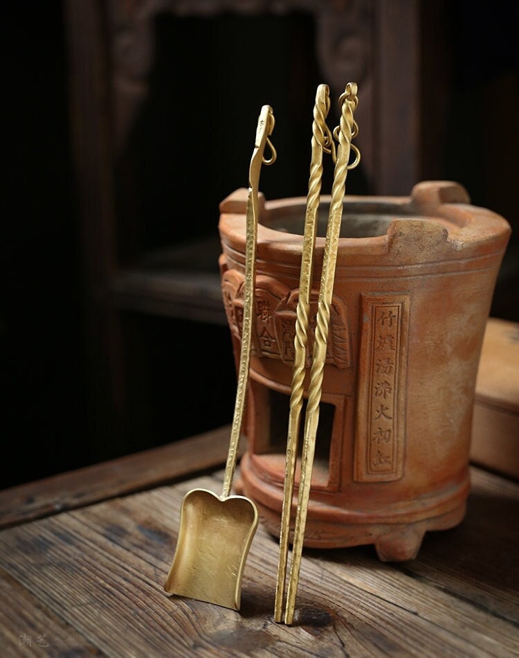 Handmade Copper Gongfu Stove Fire Chopsticks Shovel Set Brass Chopsticks Traditinal Chinese Charcoal Chopsticks Scoop Set