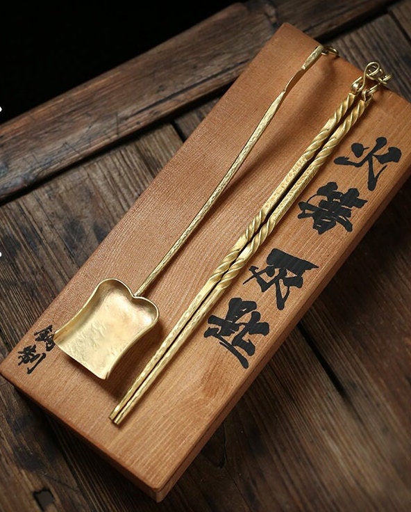 Handmade Copper Gongfu Stove Fire Chopsticks Shovel Set Brass Chopsticks Traditinal Chinese Charcoal Chopsticks Scoop Set