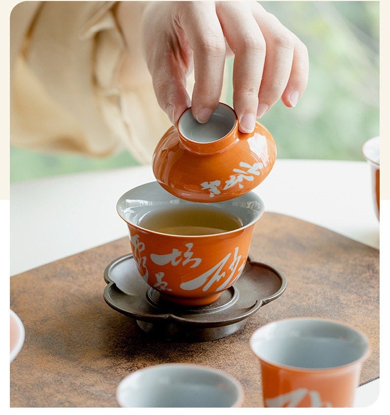 Chinese Orange Fine Pottery Handpainted Chinese Caligraphy Gaiwan Poem Pot Tea Maker Teapot Ceramic kung fu Tea Ceremony