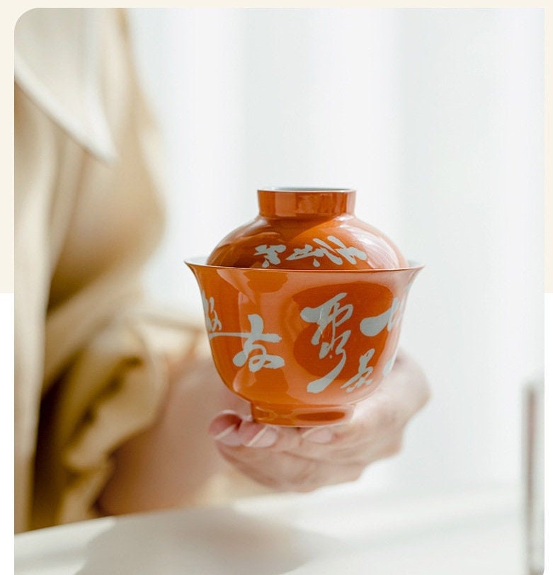 Chinese Orange Fine Pottery Handpainted Chinese Caligraphy Gaiwan Poem Pot Tea Maker Teapot Ceramic kung fu Tea Ceremony