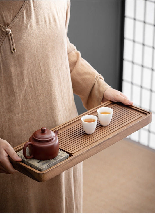 Walnut ebony stone pot tea tray new Chinese style home office solid wood tea tray rectangular drainage dry bubble tray
