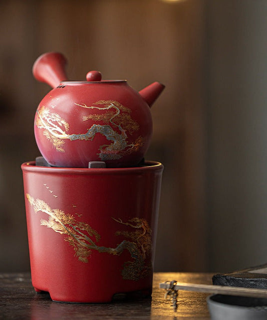 Chinese Handpainted Classical Red Soda Glaze Side Handle Pottery Pot KettlePottery Open Fire Charcoal Burning Alcohol Stove Base Charcoal Stove