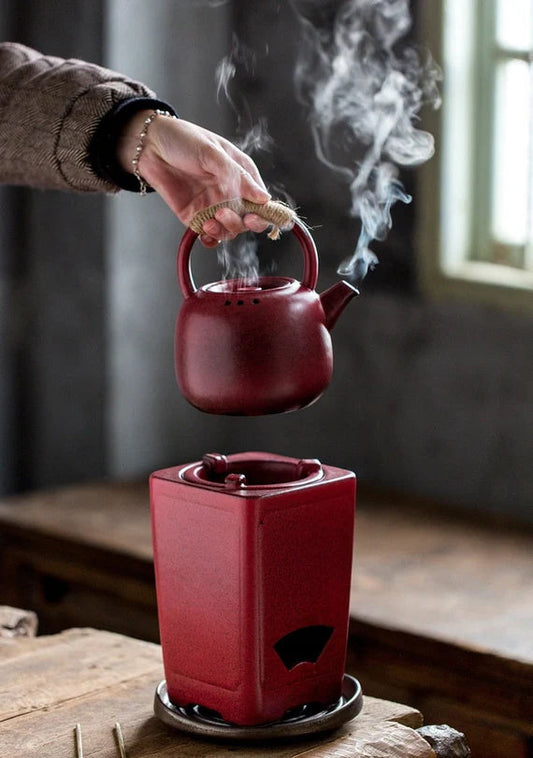 Classical Red Soda glaze lifting beam side handle pottery pot kettle pottery open fire charcoal burning alcohol stove base charcoal stove